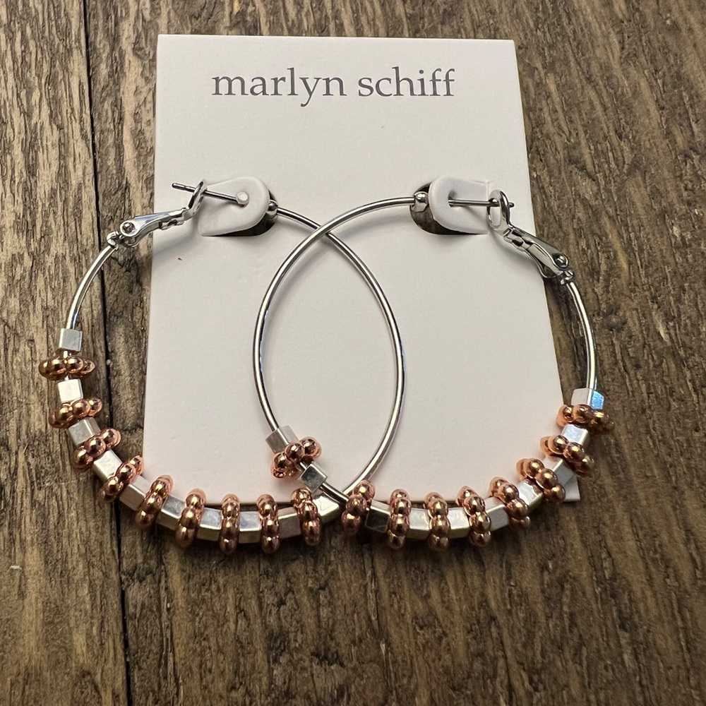 NEW MARLYN SCHIFF Boho Silver Tone Hoop Earrings with Silver/Copper Tone Beads